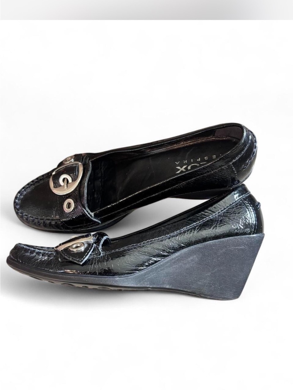 GEOX Respira Size 38.5 or USA 8.5 Black patent leather wedge loafers